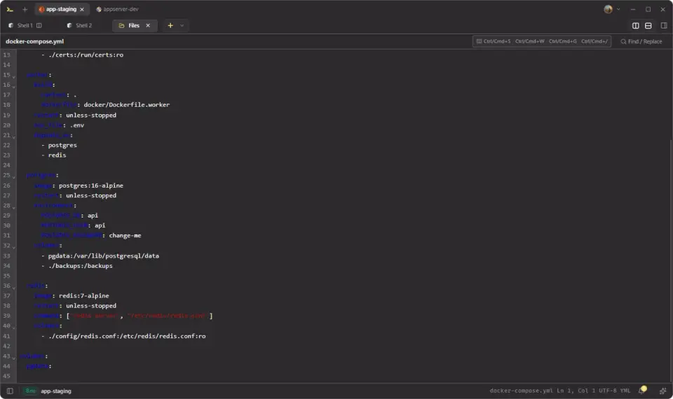 In-app editor open on docker-compose.yml on a remote host.