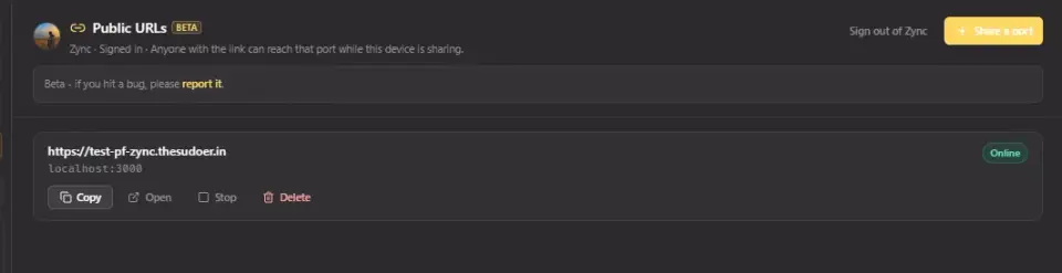Public URLs Beta with an online HTTPS share pointing at localhost port 3000.