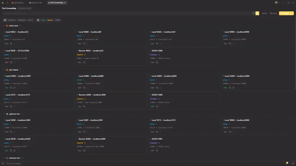 Port forwarding board grouped by host, with local, remote, and SOCKS tunnels.