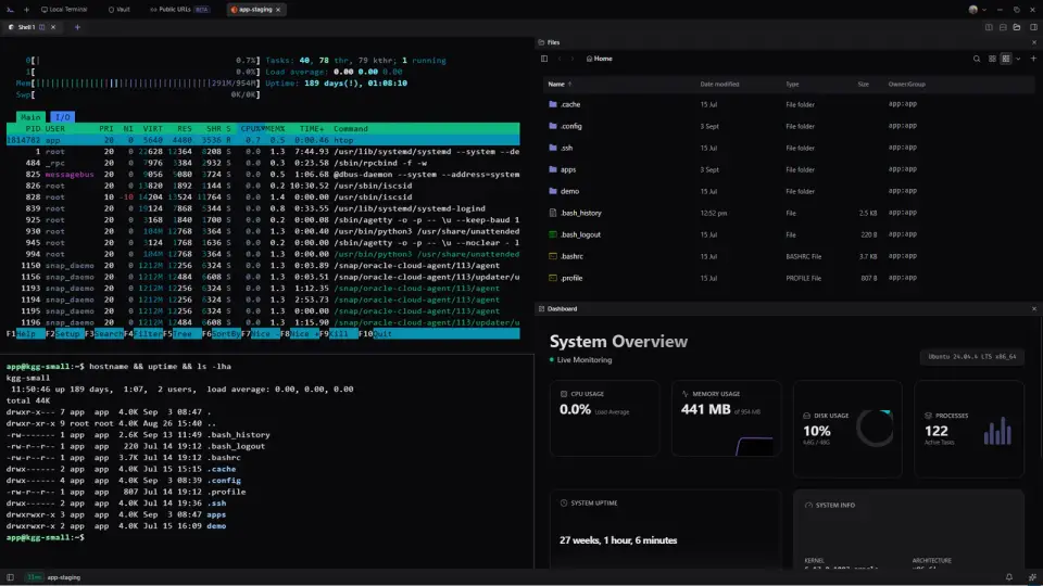 Zync split workspace: htop in a terminal, a Files list, and a host Dashboard.